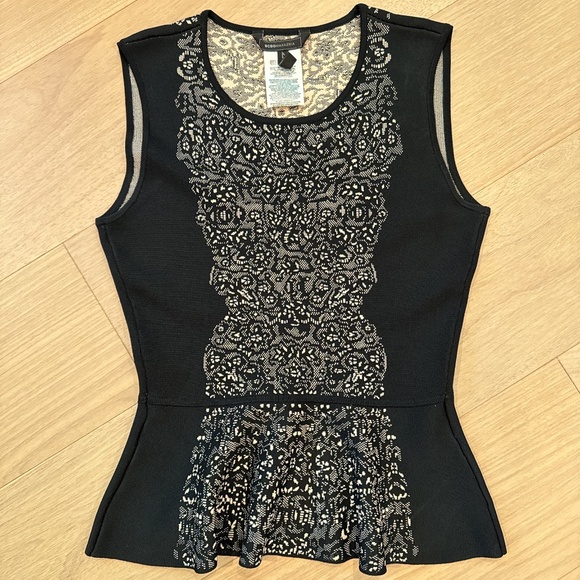 BCBGMaxAzria Like New Alonya Peplum Top- Size Medium; Black and Nude - Picture 6 of 7